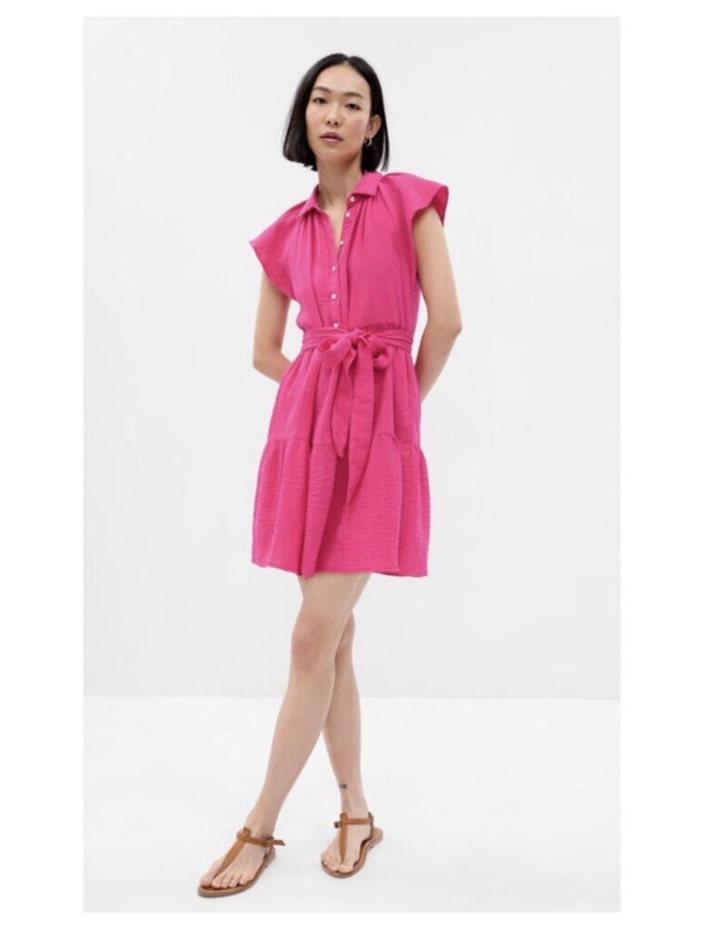 Gap Crinkle Gauze Flutter Sleeve Midi Dress Barbiecore Coastal S Euro Summer